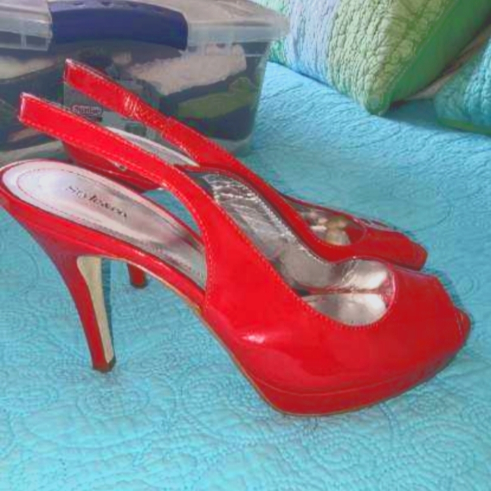 Ladies red patent leather slingback heels